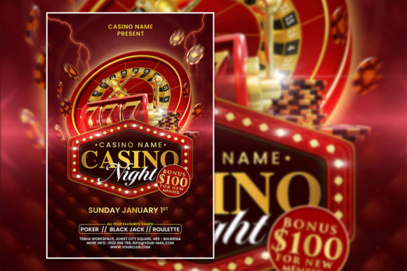 Red Style Casino Night Poster: Editable PSD for a Grand Event